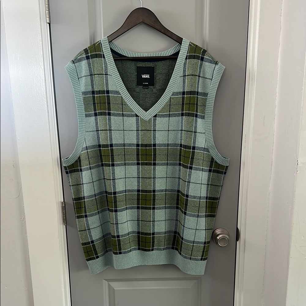 Vans Men's V-Neck Plaid Sweater Vest in Mint Green and Olive
